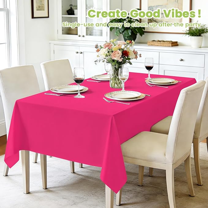 Mulbozy Hot Pink Plastic Table Cloth Disposable 4 Pack, 54 × 108 Inch Tablecloths Rectangle, Dark Pink Plastic Table Cover for Party Decor