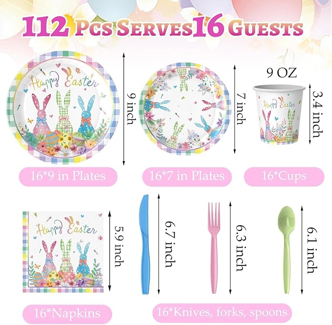 112PCS Happy Easter Plates and Napkins Forks Sets - Disposable Spring Flowers Paper Plates Set Colorful Eggs Themed Round Tableware for Easter Party Supplies Favors Table Decor(Serves 16)
