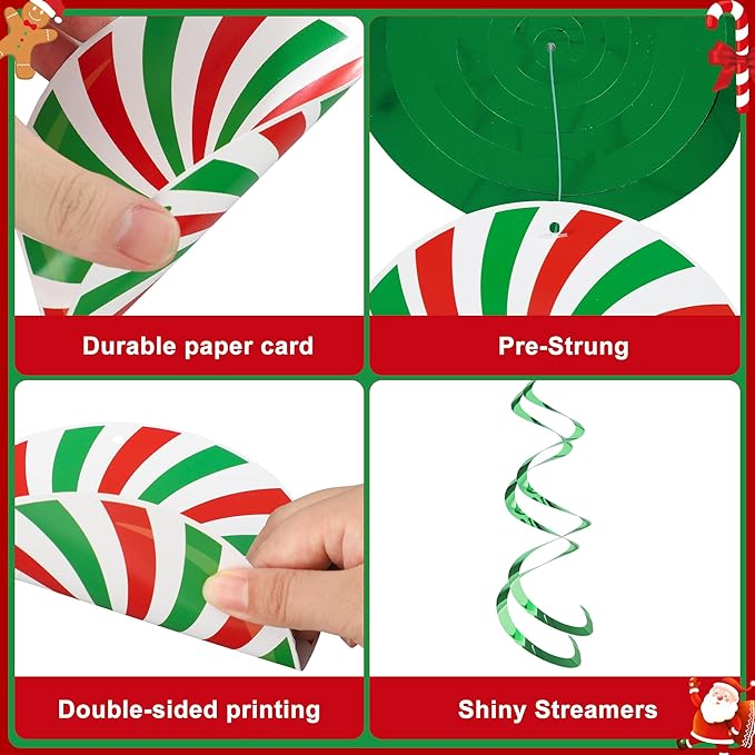 36 PCS Christmas Hanging Swirls Decorations Pre-Strung Candy Gingerbread Man Hanging Streamers Christmas Red Green Candies Gingerbread House Ceiling Swirl Streamer for Xmas Holiday Party Home Decor
