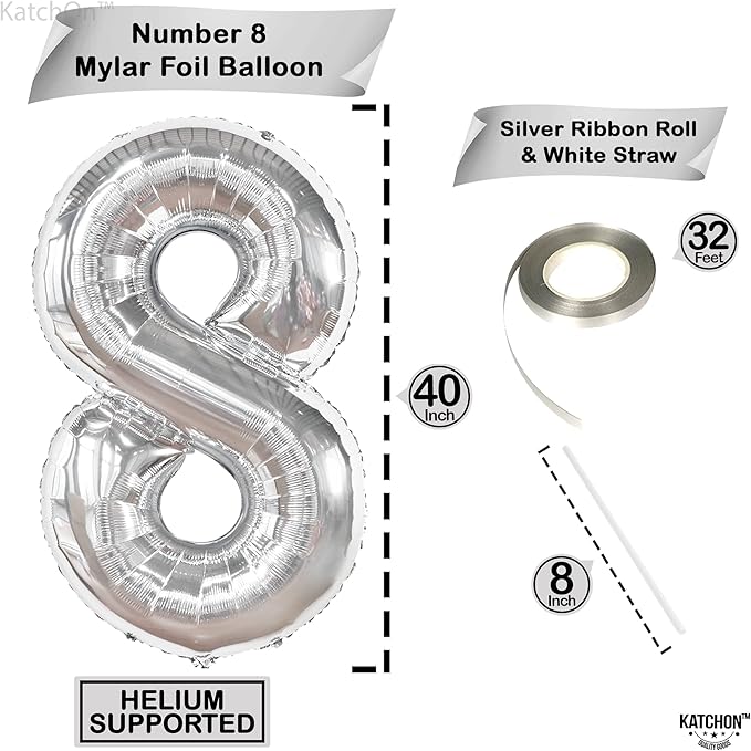 KatchOn, Giant Silver Number 8 Balloon - 40 Inch | 8 Balloon Number for 8th Birthday Decorations Boy | Silver Birthday Decoration | Number 8 Balloons for Birthdays, 8th Birthday Decorations for Girls