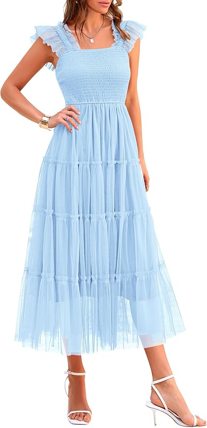 PRETTYGARDEN Women's Summer Tulle Midi Dress Sleeveless Smocked Ruffle Flowy Mesh Dresses Party Wedding Guest Sundress