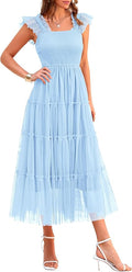 PRETTYGARDEN Women's Summer Tulle Midi Dress Sleeveless Smocked Ruffle Flowy Mesh Dresses Party Wedding Guest Sundress