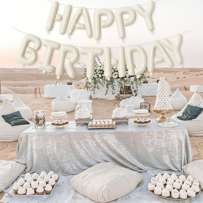 Cream Happy Birthday Balloon Banner, Neutral Beige Happy Birthday Foil Balloon, 16 Inch Ivory White Sand Born Day Bunting Banner Letter Balloons for Men Women Birth Party Decorations Supplies