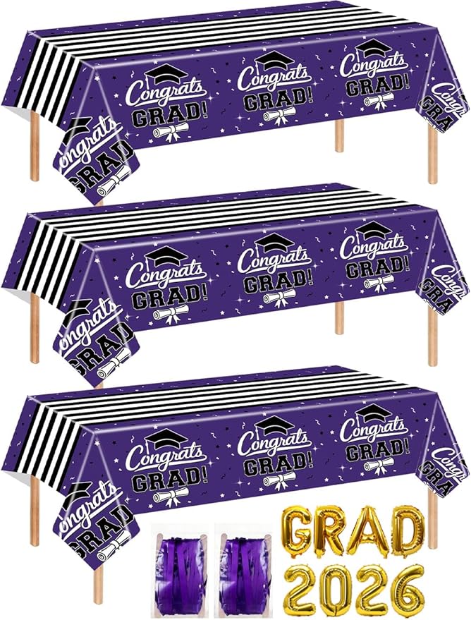 7-Pack Graduation Party Decorations Set, 3 Purple Graduation Tablecloths 54x108in, 2026 and Grad Balloons, 2 Foil Fringe Curtains for High School College Graduation Party Photo Booth