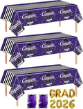 7-Pack Graduation Party Decorations Set, 3 Purple Graduation Tablecloths 54x108in, 2026 and Grad Balloons, 2 Foil Fringe Curtains for High School College Graduation Party Photo Booth