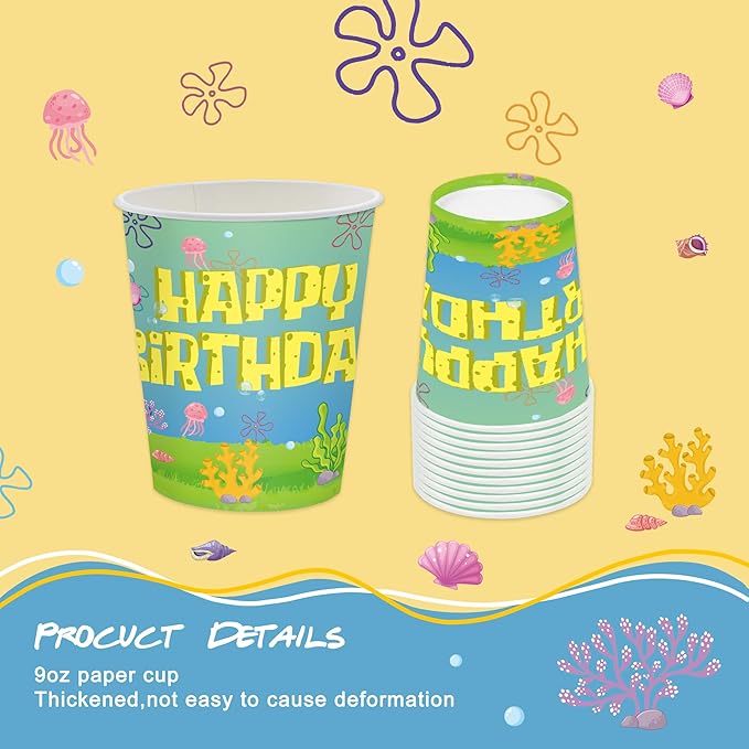 120PCS Yellow Cartoon Party Supplies Ocean Tableware Set for Kids Boys Girls Birthday Party Decorations Yellow Undersea Happy Birthday Themed Napkin Cups Forks Knives for 20 Guests