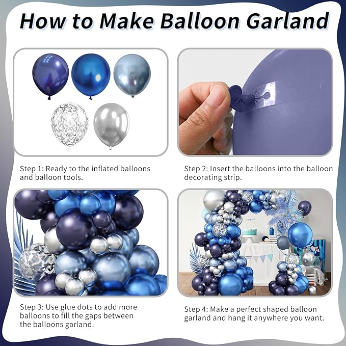 Blue and Silver Balloon Arch Kit, Navy Blue Dark Blue Silver Balloon Garland with Metallic Royal Light Blue Silver Confetti Latex Balloons for Boys Birthday Wedding Graduation Party Decorations