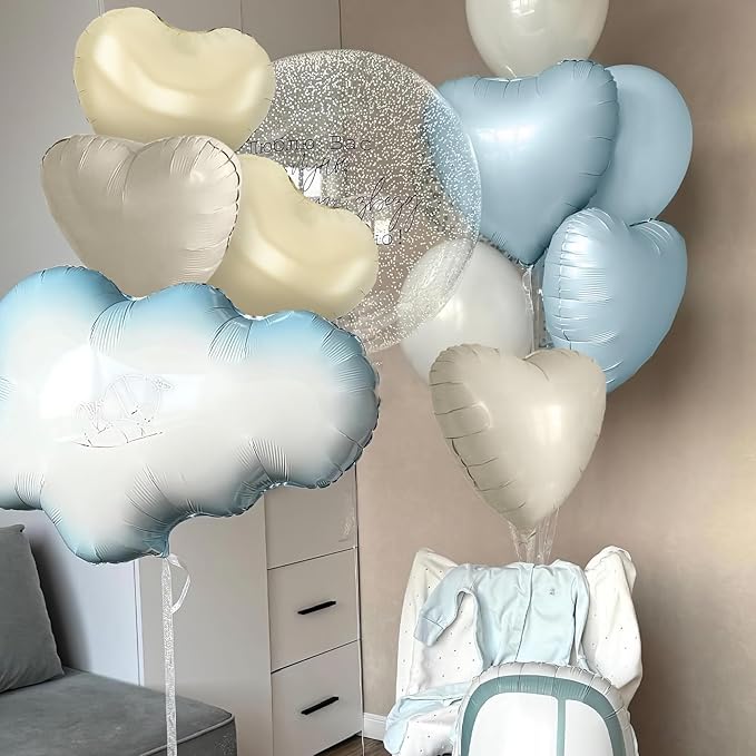 Blue White Heart Balloons,12Pcs Light Gold Baby Blue Heart Shaped Foil Balloons,18Inch Cream White Helium Balloon for Baby Shower Birthday Anniversary Wedding Party Decorations