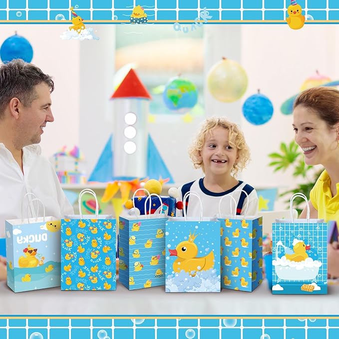 24pcs Yellow Duck Paper Bags with Handles Rubber Duckies Treat Gift Bags Candy Goodie Party Favor Tote Boxes for Baby Shower Birthday Duck Blue Party Supplies