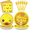 96Pcs Duck Birthday Party Decorations Cartoon Yellow Duck Themed Plates and Napkins Tableware Set Duckie Baby Shower Party Decorations for Gender Reveal One Lucky Ducks Birthday Supplies Serve 24