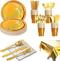 201-piece disposable party tableware set with paper plates, cups, napkins, straws, tablecloths, plastic knives, forks and spoons for a variety of party occasions for up to 25 people (Golden Rainbow)