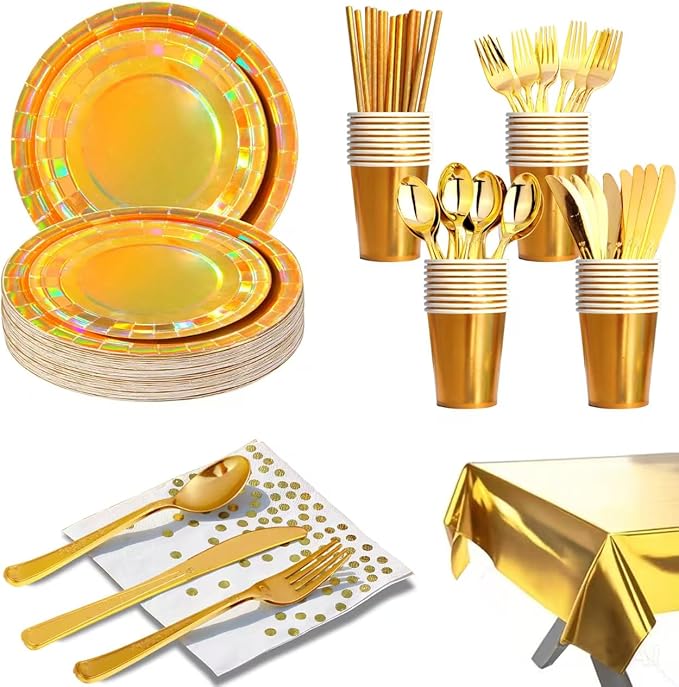 201-piece disposable party tableware set with paper plates, cups, napkins, straws, tablecloths, plastic knives, forks and spoons for a variety of party occasions for up to 25 people (Golden Rainbow)