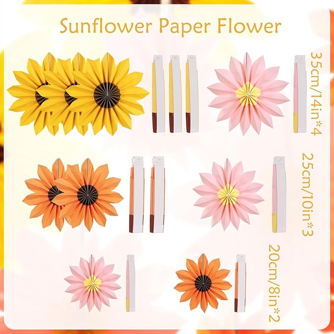 Orange Yellow Paper Fan, Pink, Orange and Yellow Paper Flowers for Sunflower Party Decorations, Paper Flowers Decorations for Wall, Sunflower Birthday Decor, Baby Shower, Classroom Decor