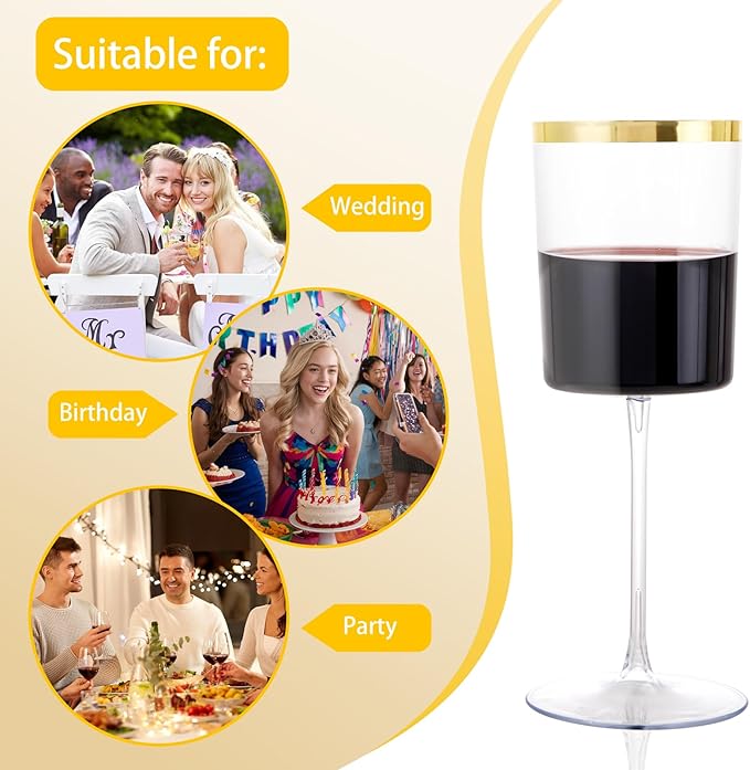 Ciaell 12 Pack Plastic Wine Glasses - 14 Oz Plastic Wine Glasses with Stem - Square Gold Disposable Stemmed Glass for Parties & Weddings & Outdoors