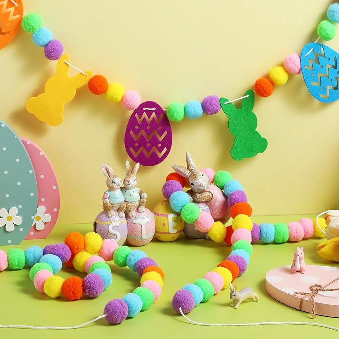 Breling 3 Pieces Easter Felt Garland 10 ft Colorful Felt Pom Pom Ball Garland Bunny Eggs Easter Banner Decorations for Mantle Fireplace Room Hanging Decor