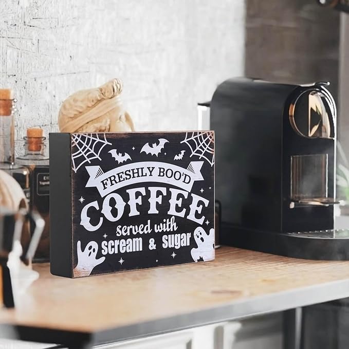 Esur Freshly Booed Coffee Wooden Box Sign, Fall Halloween Ghost Decorations Indoor for Home Office Kitchen Coffee Bar Decor