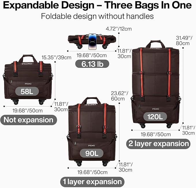 mixi Travel Bag with Wheels Expandable Foldable Luggage Bag Collapsible Rolling Travel Duffel Bags Large Capacity Suitcase for Men Women, Brown