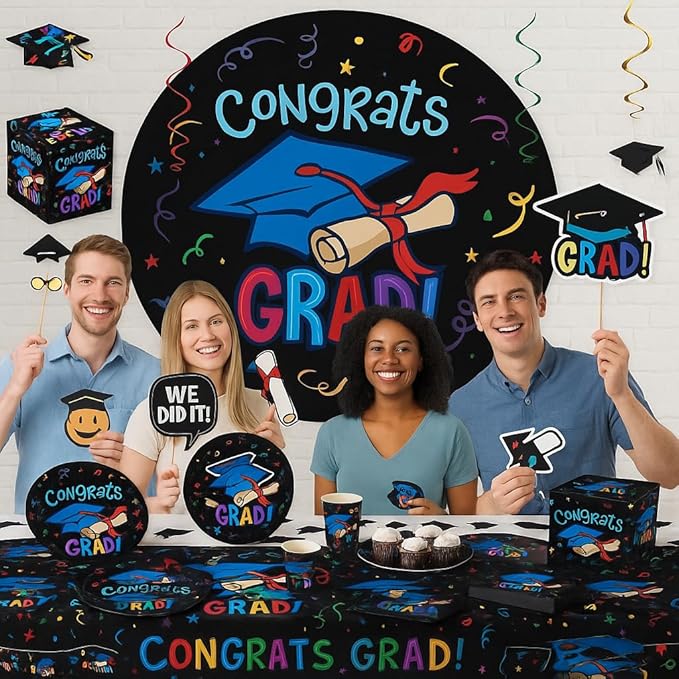 Ultimate 2026 Graduation Party Supplies Set for 30 Guests Includes Dinner & Dessert Plates Cups Napkins Table Covers Photo Props Banners Gift Card Box & Backdrop Congrats Grad Theme
