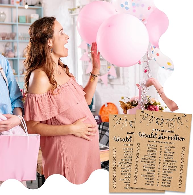 Baby Shower Game Cards, Would She Rather Baby Shower Games Ideas, Set of 30 Cards, Rustic Bridal Wedding Showers or Bachelorette Party Game, Kraft