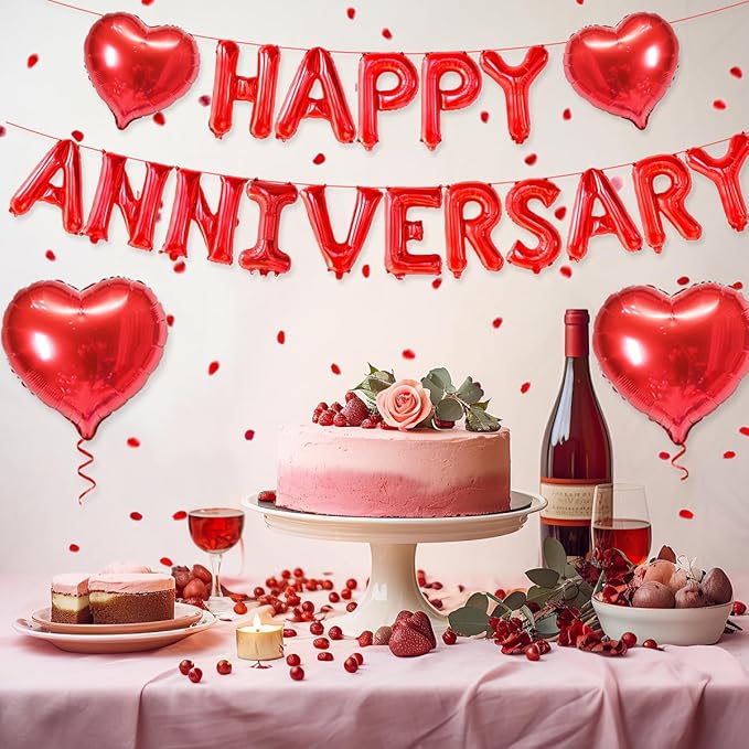 2 Set 16 Inch Happy Anniversary Balloons Letters Banner, Happy Anniversary Decorations, Happy Anniversary Balloons Sign for Valentines Day/Wedding Anniversary Party Decorations (Red Happy Anniversary)
