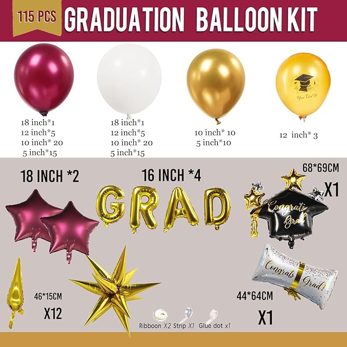 Maroon gold white Graduation Balloon Garland Arch Kit 115PCS with Graduation Star print Certificate Letter Mylar Foil Balloons for Graduate Class of 2026 Grad Prom party Decorations Supplies