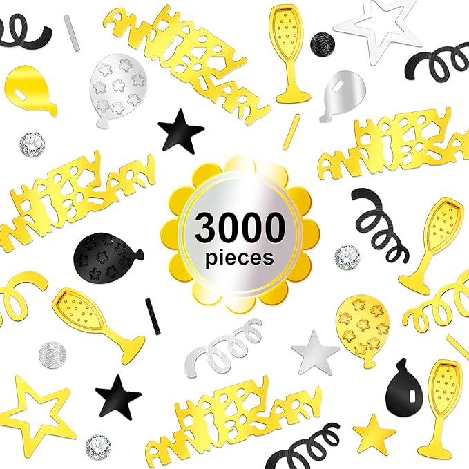 Skylety 3000 Pieces Happy Anniversary Confetti Party Decoration Scatter Confetti Metallic Foil Table Decorations for Anniversary Party DIY Arts Crafting Supplies(Gold, Silver, Black)