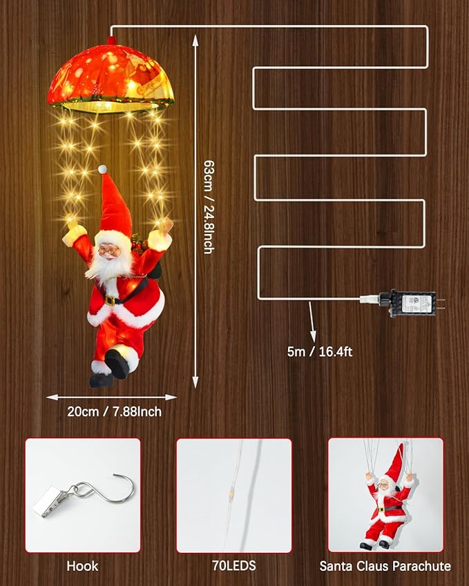 LED Christmas Decorative Hanging Lights with 1.31ft Parachute Santa Claus, Christmas Decorations Lights for Indoor Outdoor, Window, Garden, Home, Wall, Xmas Tree Decor
