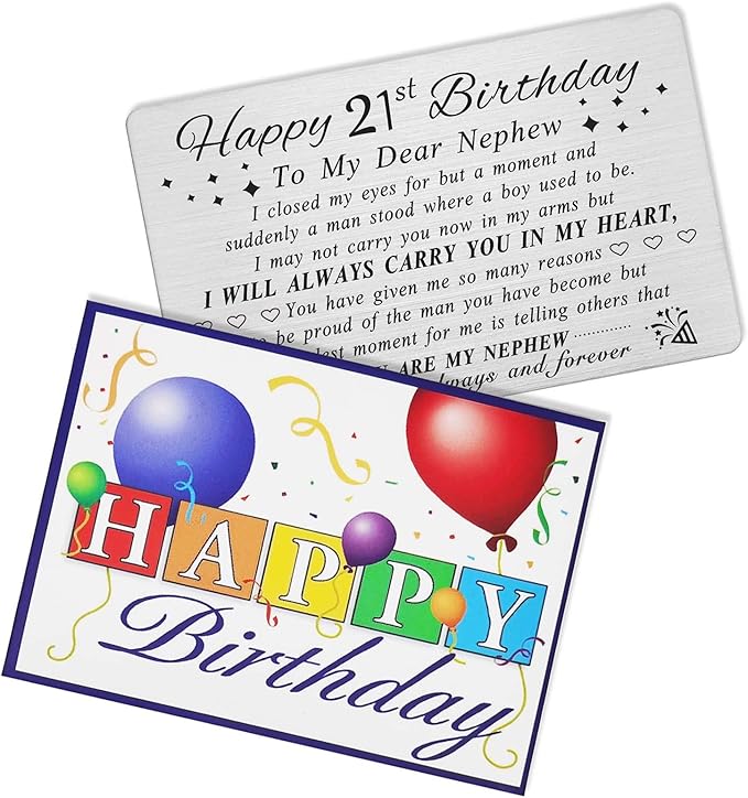 DEGASKEN Nephew 21st Birthday Card - 21st Birthday Card for Nephew - Happy 21 Year Old Birthday Gifts for Nephews, Special Engraved Wallet Card