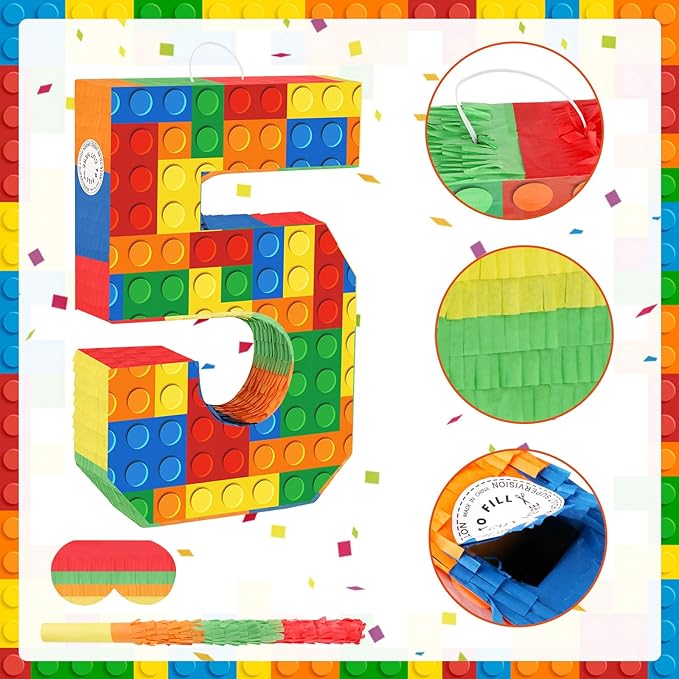 Number 5 Pinata Building Blocks 5th Birthday Party Decorations with Stick Blindfold for Kids Girls Boys Fiesta Carnival Games Happy Birthday Anniversary Celebration Party Supplies