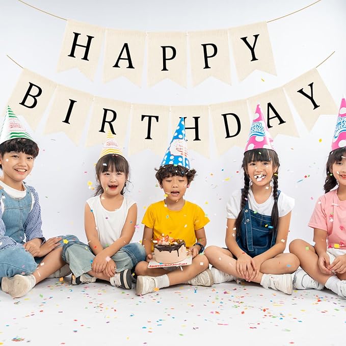 Domeny Happy Birthday Burlap Banner Boho Birthday Bunting Banner Black Bohemian Birthdays Bunting Garland Rustic White Birthday Party Hanging Garland for Women Men Birthday Kid Photo Backdrop