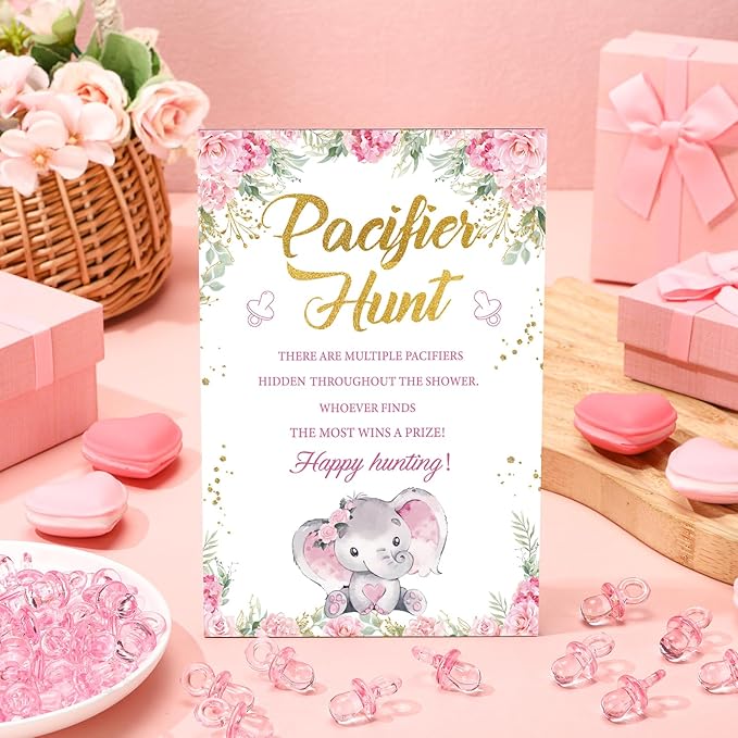 Thyle 51 Pcs Pink Elephant Pacifier Hunt Baby Shower Games Include Hunt Sign 50 Acrylic Pacifiers It's a Girl Pink Elephant Theme Baby Shower Game Decoration Gift Sets for Gender Reveal Party Decor