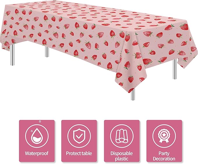 Strawberry Party Decorations Tablecloth, Disposable Strawberry Birthday Party Supplies Tablecover, Berry Sweet Birthday Baby Shower Decorations Table Cloth, 3 Pcs, 54in x 108in