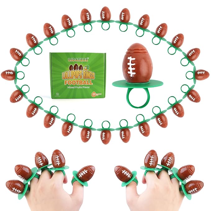 Football Ring Lollipops,Suckers Individually Wrapped Bulk for Birthday Party Candy Favors,Sports Ball Shaped Goodie Bag Fillers,30 Count