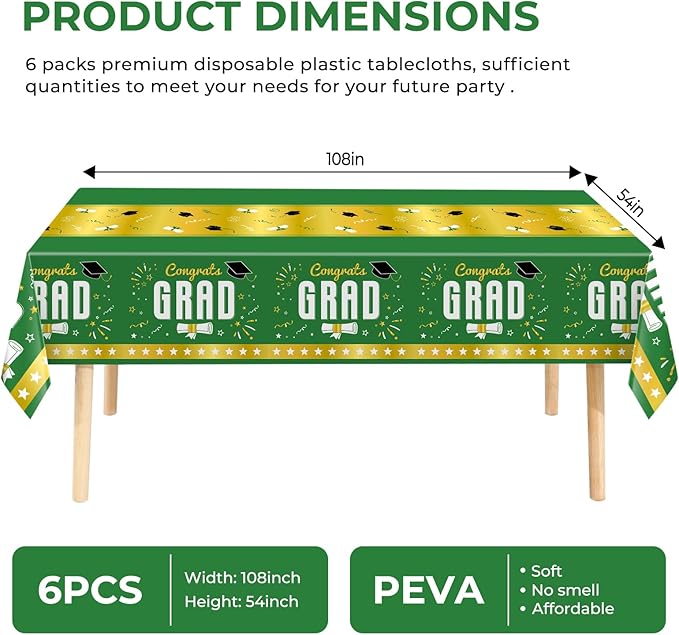 6 Pack Disposable Plastic Tablecloth 54" x 108" Green Class of 2026 Grad Party Table Cloths Disposable for 6 to 8 Foot Tables Graduation Party Indoor or Outdoor (Graduation Green)