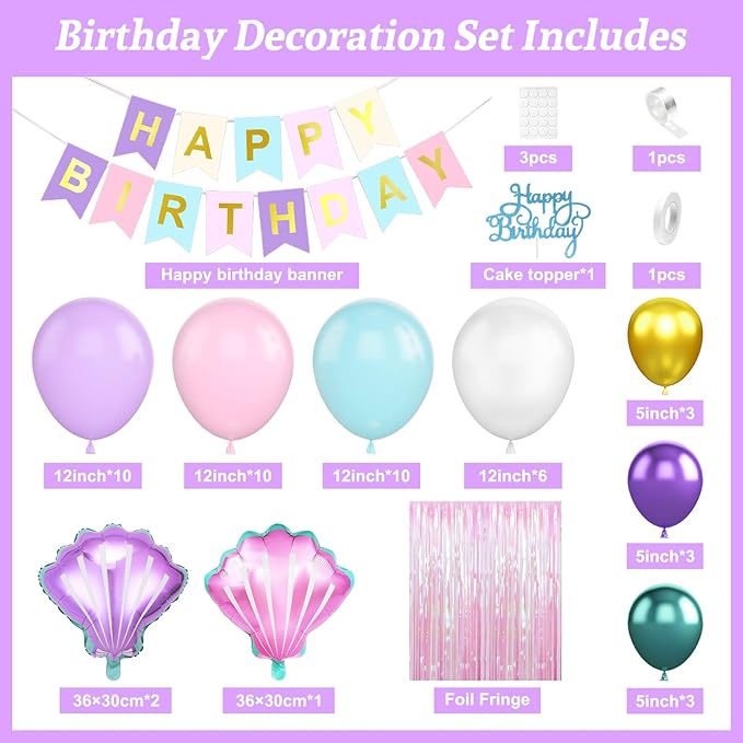 Mermaid Birthday Decorations for Girls, Pink Purple Blue Balloons with 'HAPPY BIRTHDAY' Banner Cake Topper Shells Foil Balloon Pink Fringe Curtain for Girls Women Mermaid Party Decorations