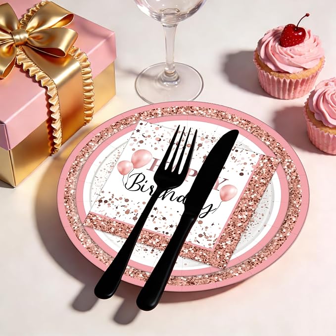 175-Piece Pink Rose Gold Birthday Party Supplies for 25 Guests – Disposable Plates, Cups, Napkins & Cutlery Set, Elegant Princess Party Tableware