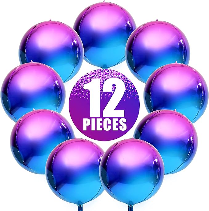 KatchOn, Purple Galaxy Balloons - 22 Inch, Pack of 12 | Round 4D Metallic Balloon for Galaxy Birthday Party Decorations | Iridescent Balloon | Purple and Blue Balloons for Mermaid Party Decorations