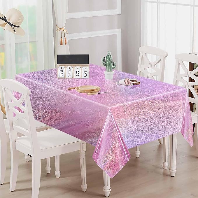 2 Pack Light Pink Iridescent Plastic Tablecloth Disposable 54 × 108 Inch Glitter Holographic Foil Table Cloth Plastic Laser Rectangle Table Cover for Birthday Wedding Disco Party