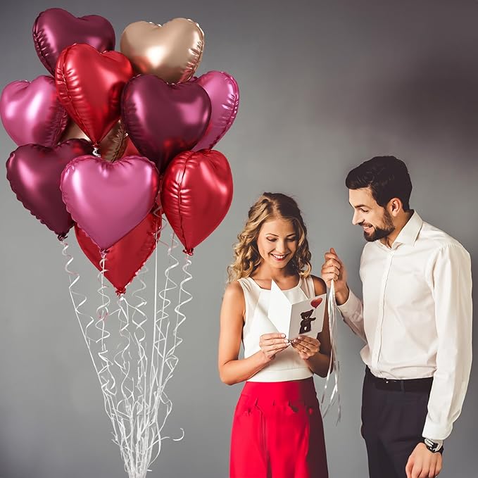 Wine Red Heart Balloons, 18 Inch 12 Pcs Burgundy Red and Pink Foil Heart Balloons Red and Rose Gold Heart Shape Foil Balloons Party Decoration for Birthday Wedding Valentines Anniversary