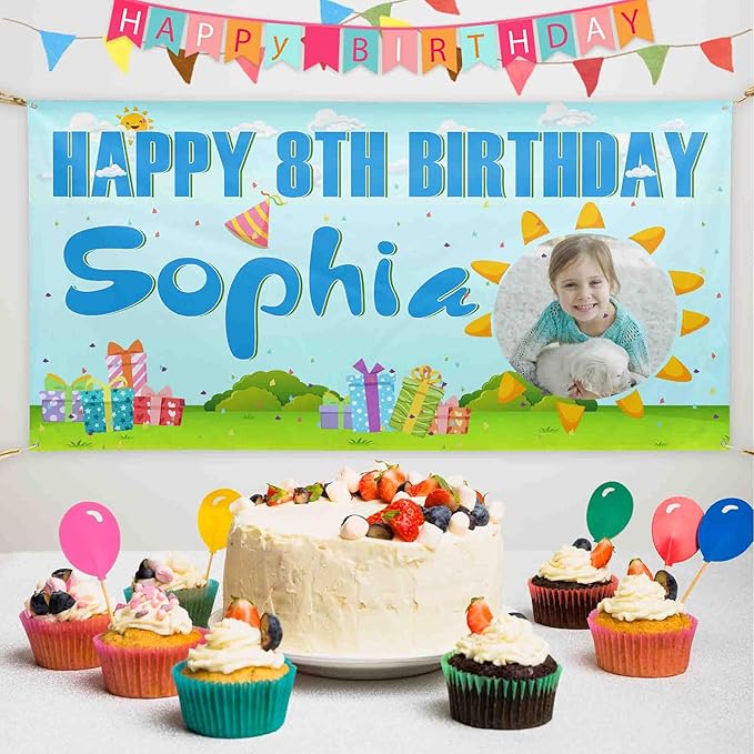 Custom Happy Birthday Banner Personalized Banners and Signs with Photo Name for Women Men Kids Party Decorations Supplies Indoor Outdoor Birthday Gifts Style 25