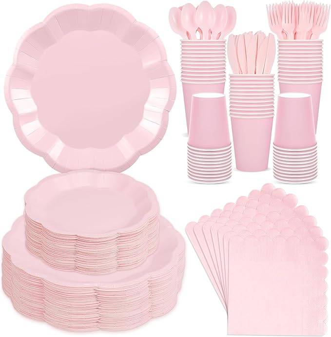 350 Pcs Pink Paper Plates and Napkins Set Include 9" Easter Plates, 7" Dessert Plate Disposable Scalloped Tableware Serve 50 Guest for Wedding Baby Shower Bridal Shower Birthday Mother's Day