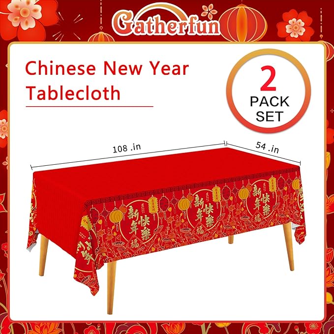 Gatherfun Chinese New Year Party Supplies Set: Lunar New Year Party Decorations with 2 Pack of 54X108inch Plastic Tablecloths - for Decorations
