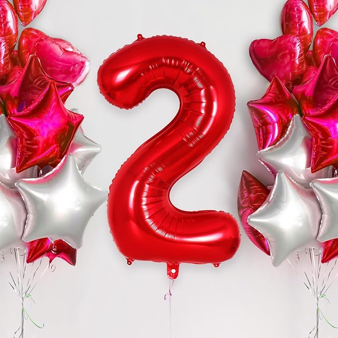 Red Number 2 Balloon 40 Inch, Big Large Foil Helium Number Balloons, Jumbo Giant Mylar Number 2 Balloons for 2 Year Old Birthday Red Party Decorations Supplies Anniversary