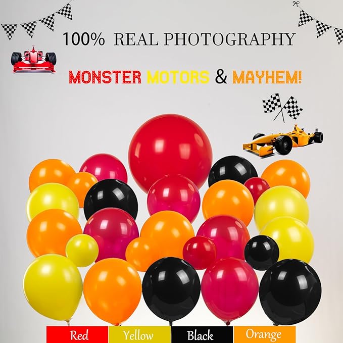Monster Truck Birthday Decorations include Red Orange Yellow Balloons Ribbon Arch Cake Paper Card Toppers Tablecloth Backdrop Truck Birthday Decor for Boys Racing Party Decoration Supplies