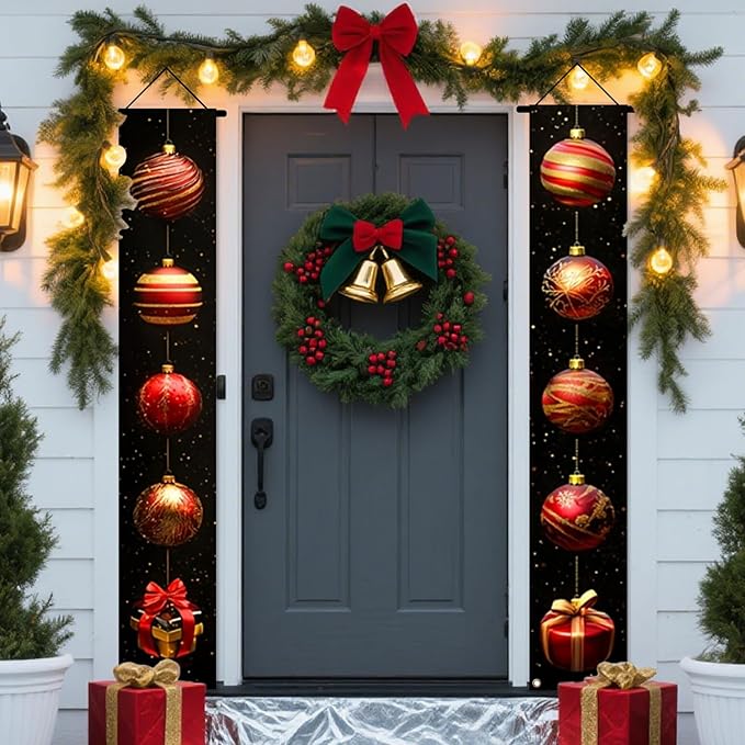 Nuxovilar Christmas Decorations Outdoor Yard Front Porch Sign Set, Black Background Christmas Ball Door Banners, Hanging Door Decor for Home Indoor Wall Yard