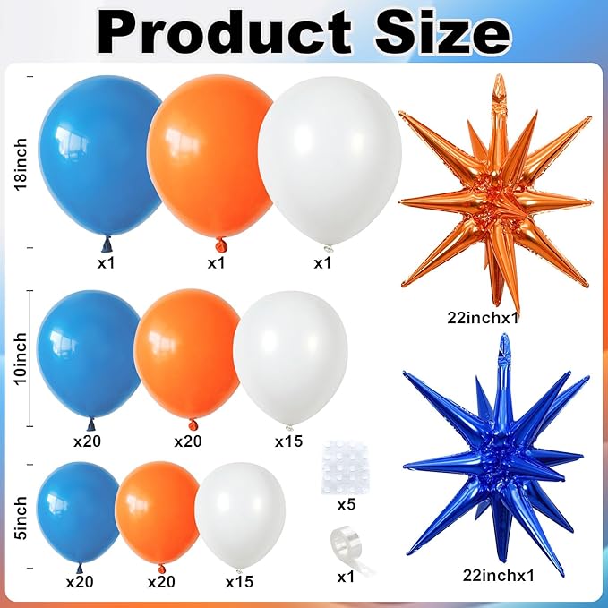Blue and Orange Balloons Arch Kit, 121PCS Dark Blue and Orange White Balloons with Spikes Explosion Star Foil Balloon for Birthday Graduation Baby Shower Sport Basketball Party Decorations Supplies