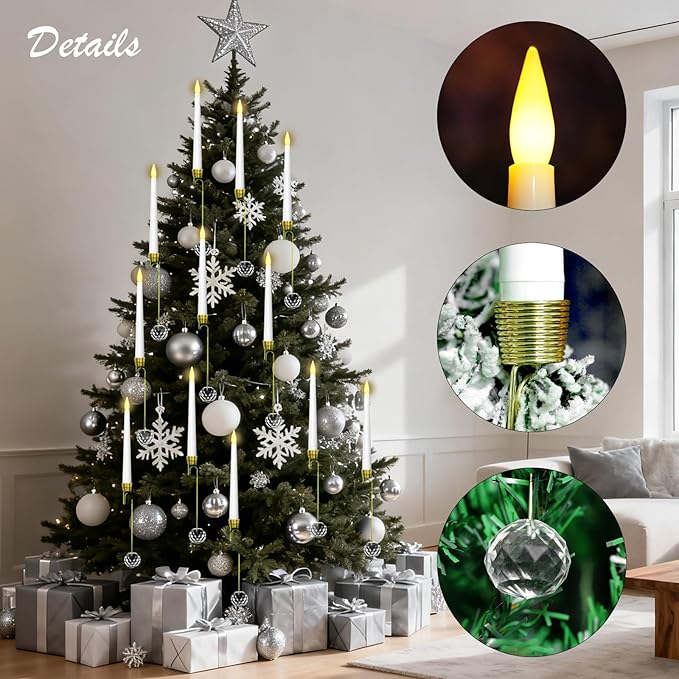 Flameless Christmas Tree Hanging Candles with Remote,12 Pcs LED Taper Candles,Flickering Battery Operated Taper Candle with 12 Crystal Ball Hooks for Christmas Decorations Best Gift(White)