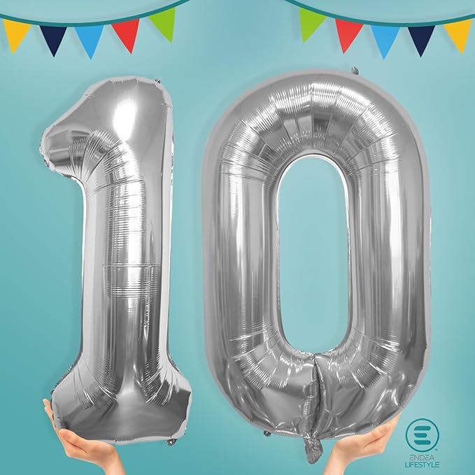 40 Inch Large Number Celebration and Decoration Balloon for Birthday Parties, Graduations, Anniversaries, Weddings, Photo Shoots, Special Events - Helium Foil Mylar (Silver Number 10)
