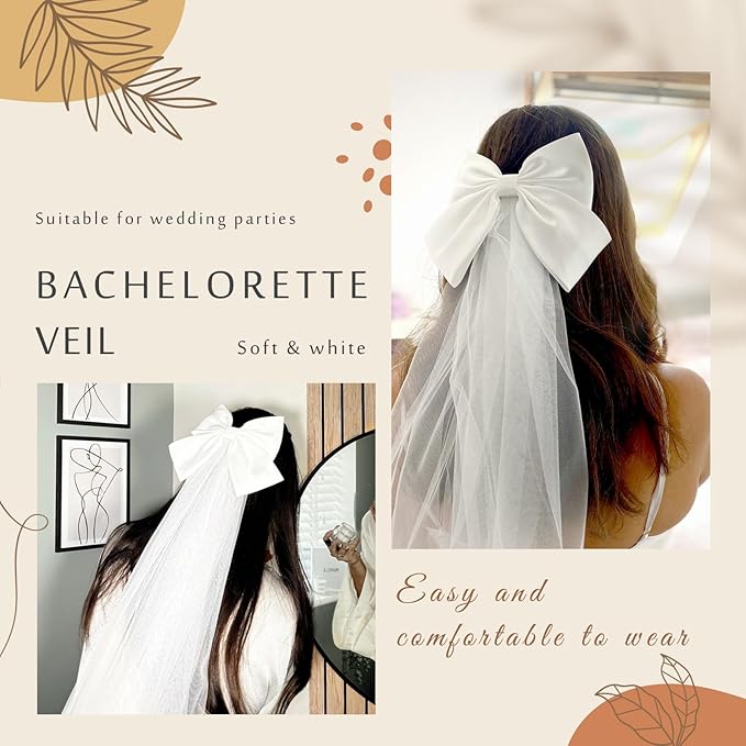 Bridal Veil Bachelorette Party Veil White Bow Wedding Veil Elegant Tulle Layer Hair Clip for Women and Girls