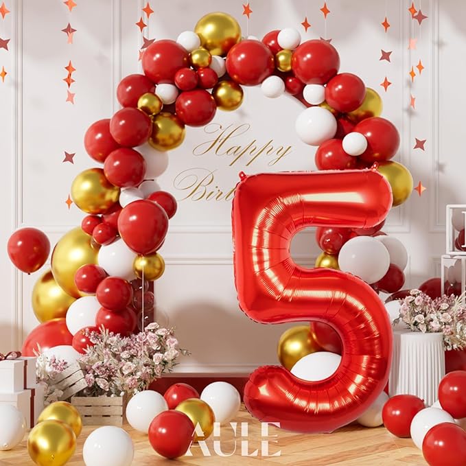AULE 40 Inch Big Red 5 Balloon Number Large Foil Helium Number Balloons 0-9 Jumbo Giant Happy 5th Birthday Party Decorations for Boy or Girl Huge Mylar Anniversary Party Supplies
